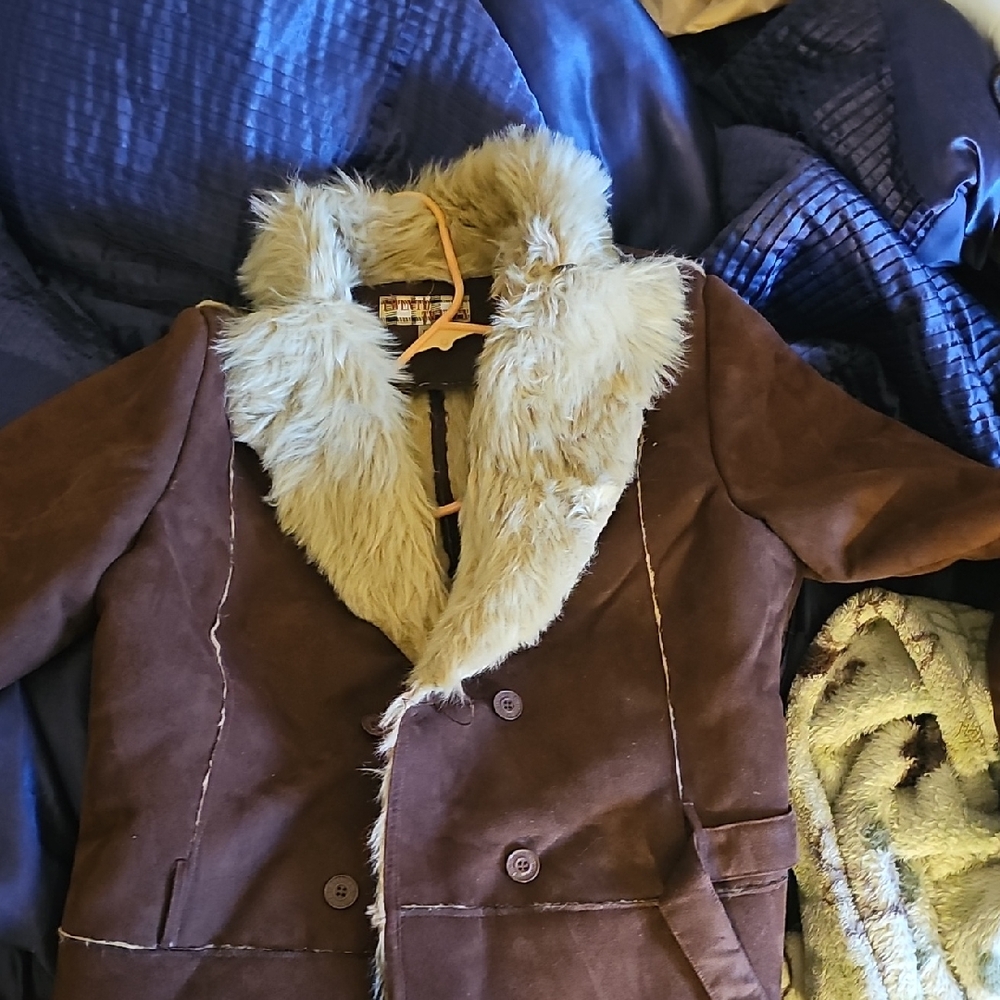 Twenty Men's Dark Brown Pea Coat with Cream Faux Fur